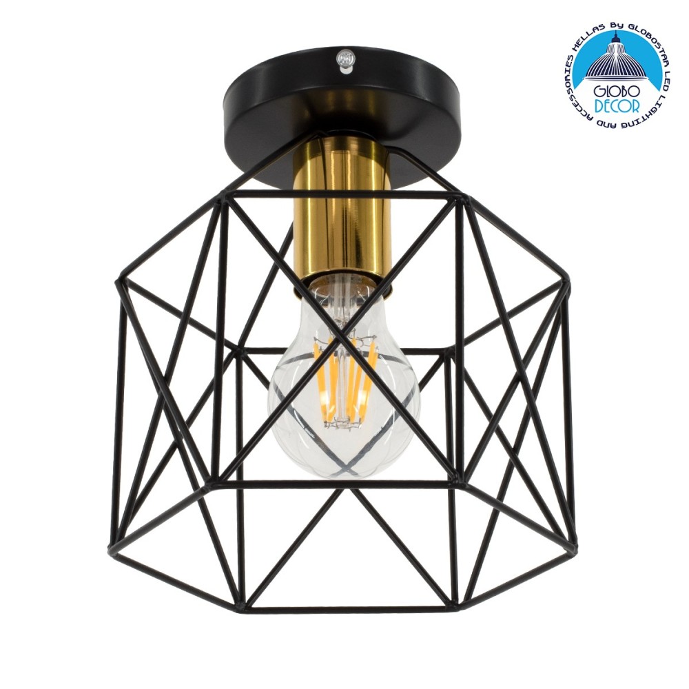 GLOBOSTAR® TRON 00792 Μοντέρνο Φωτιστικό Οροφής με Ντουί 1 x E27 AC 220-240V IP20 - Μαύρο & Χρυσό - Μ18 x Π18 x Υ19.5cm